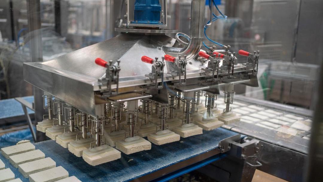 Når osten har den rette størrelse, suges den af en maskine over i forme og tilsættes saltlage. 