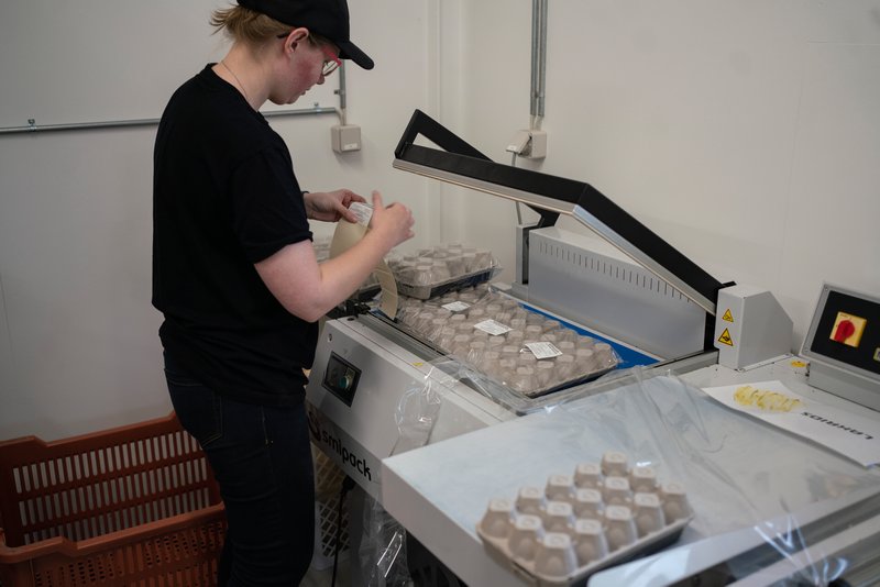 Romkuglerne pakkes i æggebakker. Først pakkede bageriet dem direkte ned i æggebakkerne, men æggebakker er kun fødevaregodkendt til æg, og så måtte de finde en anden løsning, som blev at pakke dem ned i genanvendeligt plastik først. 